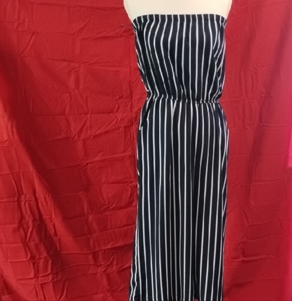 Black and White Striped Strapless Dress